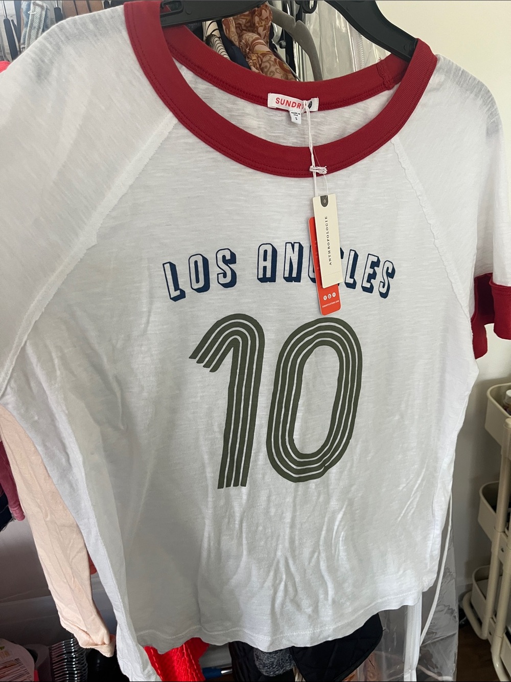 Sundry White Tee with Red Trim and Navy Graphic
